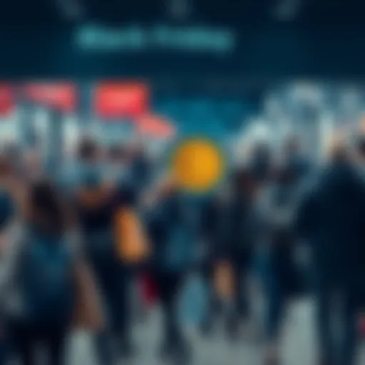 Crowd of people rushing into a store during Black Friday sales, holding shopping bags and looking excited, contrasts with a calm Bitcoin chart showing a dip, illustrating the difference in investment mindset.