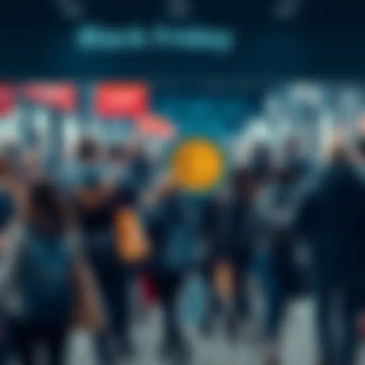 Crowd of people rushing into a store during Black Friday sales, holding shopping bags and looking excited, contrasts with a calm Bitcoin chart showing a dip, illustrating the difference in investment mindset.