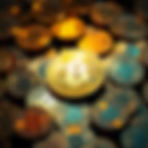 A visual representation of blacklisted Bitcoin coins surrounded by regular coins, illustrating the distinction in the cryptocurrency market.
