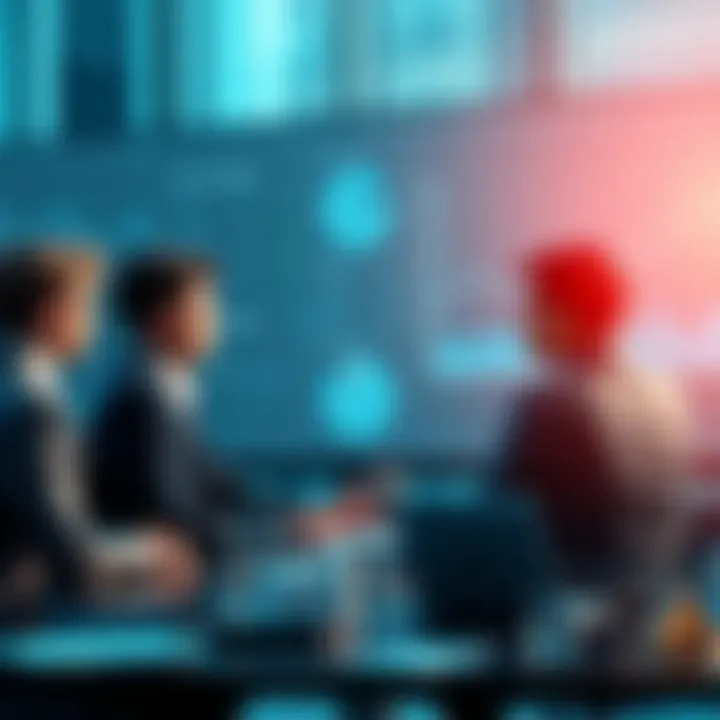 A group of business professionals discussing financial strategies with charts and graphs in the background