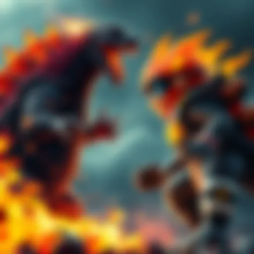 Blaze in a fierce battle stance facing off against Godzilla, with flames surrounding them