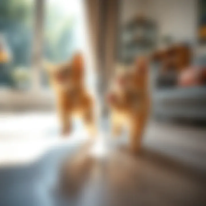 Two playful Blessed Gatitos chasing each other in a sunny living room, showcasing their joyful nature