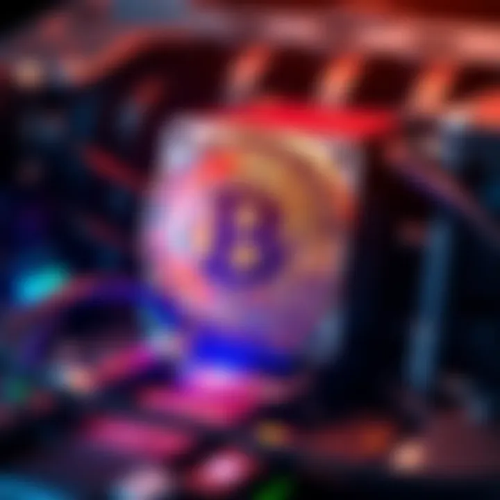 A graphic representation of a Bitcoin block being mined on CKpool, highlighting the 500 PH/s hashrate, with a visual of a mining rig or computer setup in action.