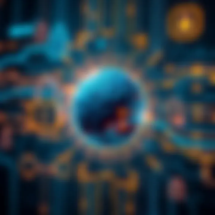 A visual representation of blockchain technology securing artificial intelligence, featuring digital locks and a brain-computer interface diagram, highlighting data integrity and protection against cy...