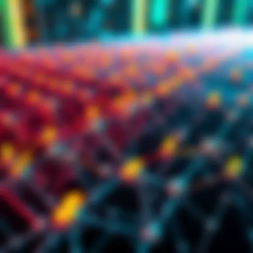 A digital representation of a blockchain network with high gas fees symbolized by dollar signs, showing developers discussing projects.