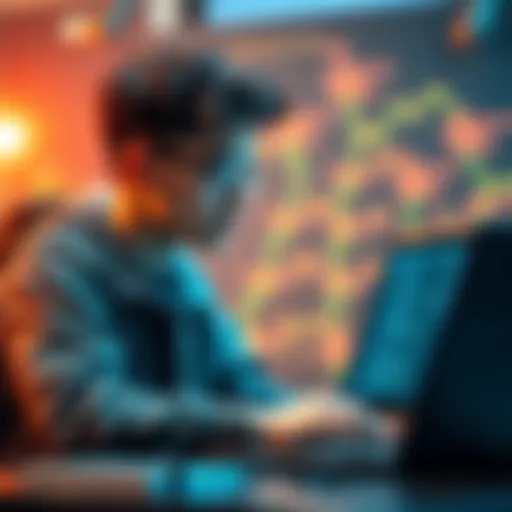 A young developer reviews blockchain code on a laptop, looking for security flaws with a focused expression.