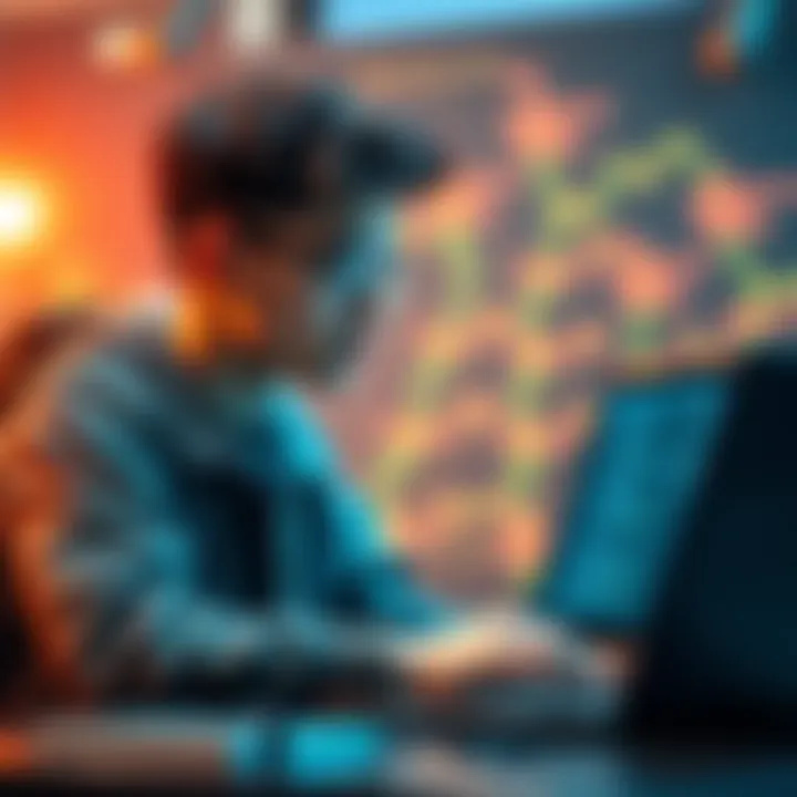 Blockchain Code Audit A young developer reviews blockchain code on a laptop, looking for security flaws with a focused expression.