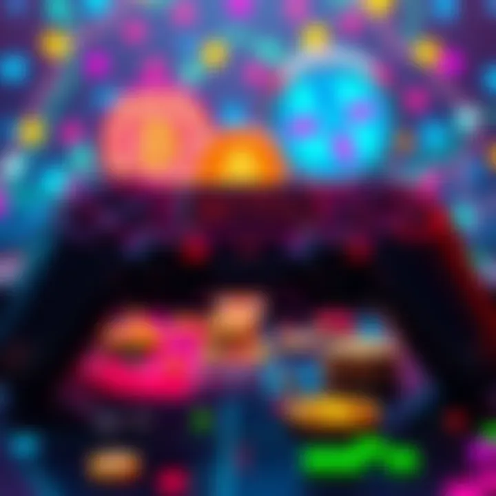 A colorful representation of blockchain gaming featuring digital coins and game controllers.