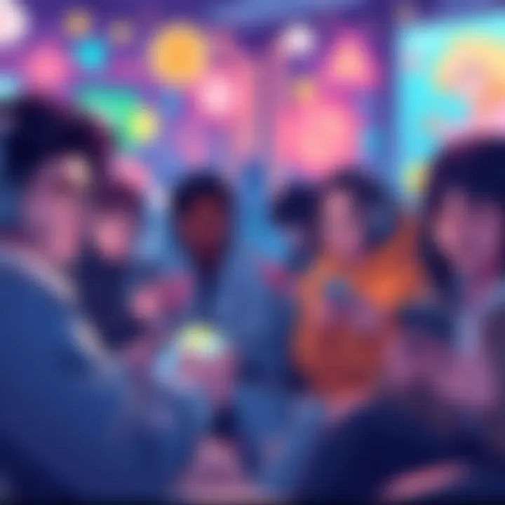 A group of diverse gamers enjoying a blockchain game on various devices, surrounded by colorful NFTs and community symbols, representing engagement without financial barriers.