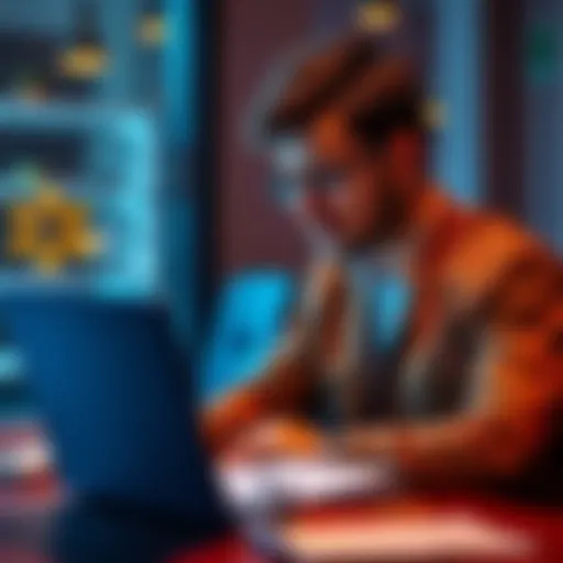 A candidate studying interview questions for Blockchain Trainee roles, with a laptop and notes in front of them.