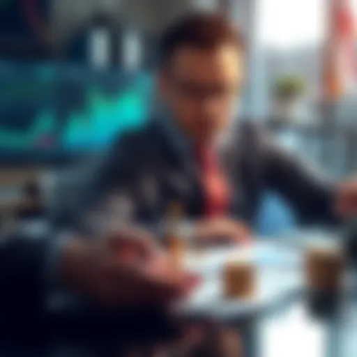 A person weighing options between different blockchain assets, showing coins and charts on a table