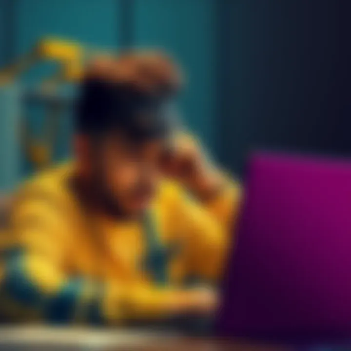 A concerned individual with a laptop looking for assistance to recover a pre-2014 blockchain wallet, showing frustration and determination.