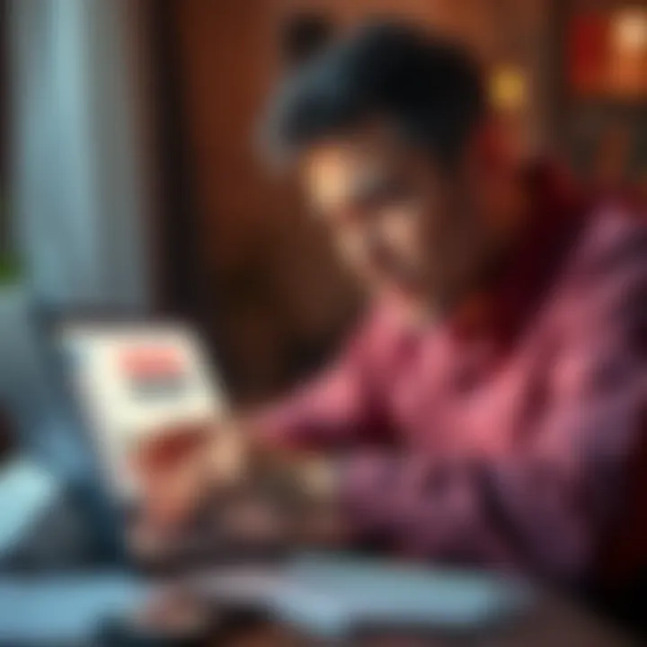 A business owner in distress looking at a laptop with a blocked account message on the screen, surrounded by financial paperwork and a concerned expression.