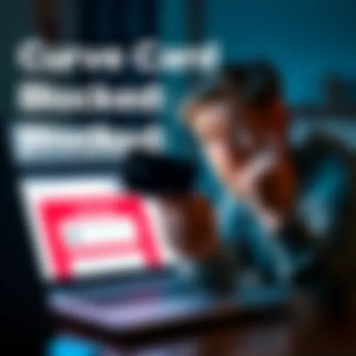 A person looking worried while holding a blocked Curve card in front of a laptop displaying a complaint form