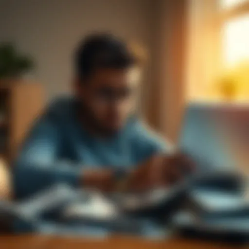 A frustrated Revolut customer looking at their bank account on a laptop with bills piled on a table