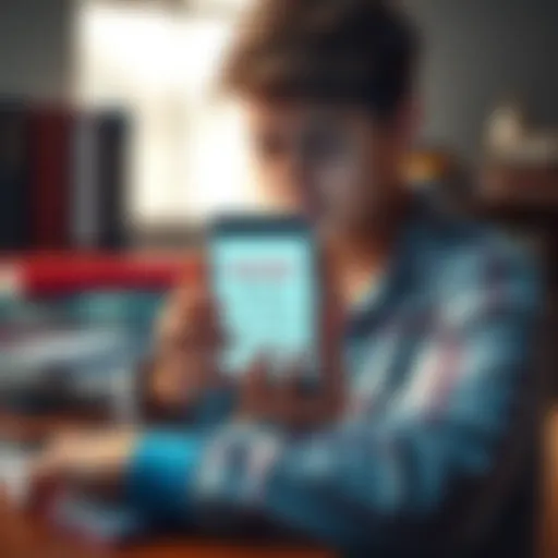 A frustrated student looking at their phone with a blocked Revolut account message on the screen, surrounded by textbooks and study materials.