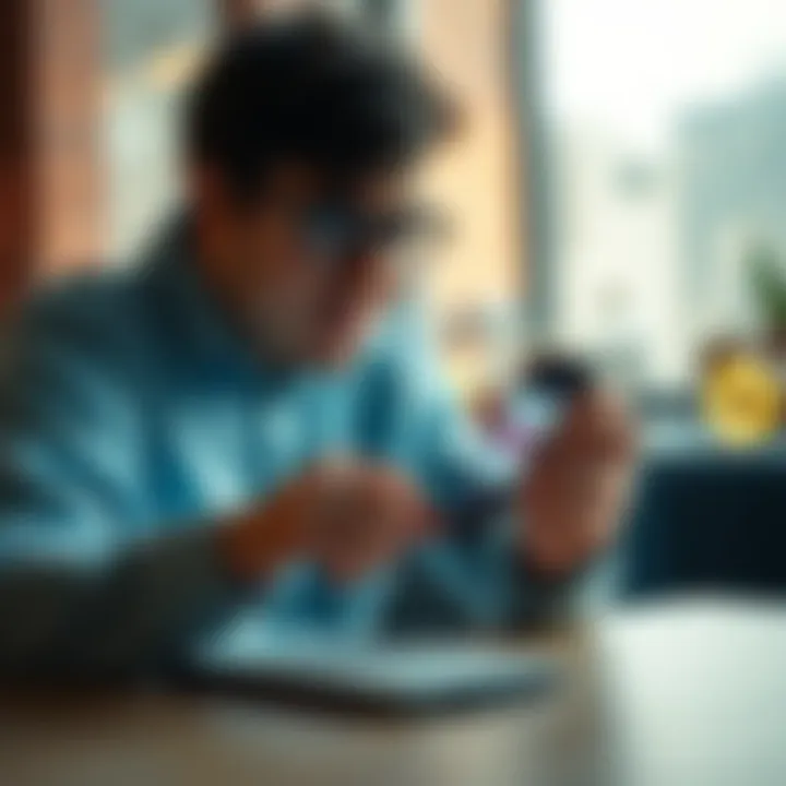 A frustrated person looking at a smartphone with a blocked account message on the screen, expressing concern about lost access to funds.