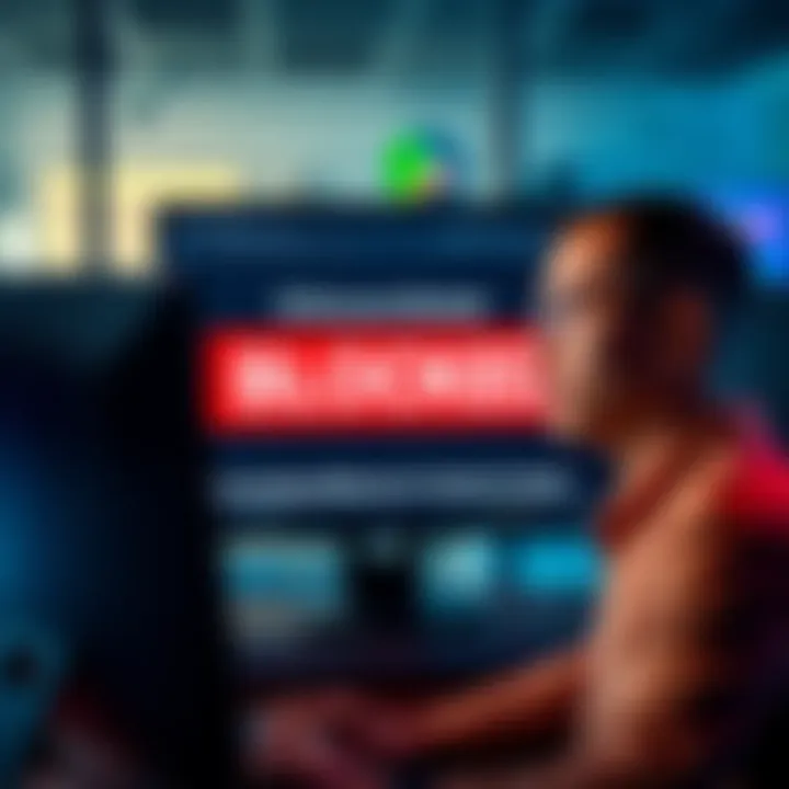 A frustrated team member looks at a computer screen displaying a blocked VPN account message, with a frustrated expression.