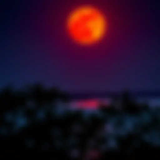 A vibrant red Blood Moon shines brightly in the night sky above the Bayou, with silhouettes of trees in the foreground.