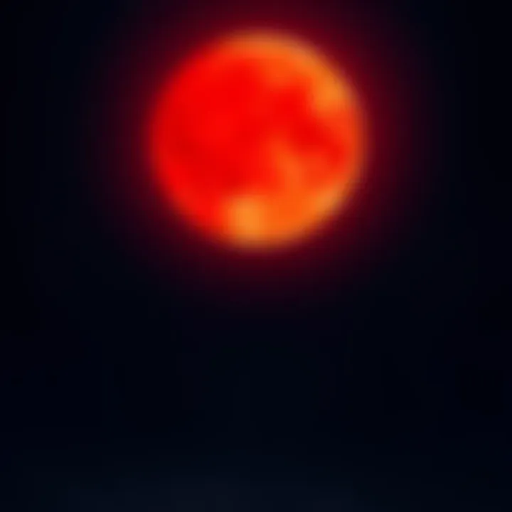 A bright Blood Moon glowing in the dark night sky, surrounded by stars, captivating skywatchers below.