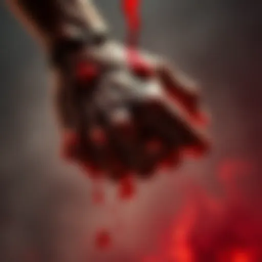 A close-up of two hands clasping, symbolizing a bond, with red ink or paint representing blood between them.