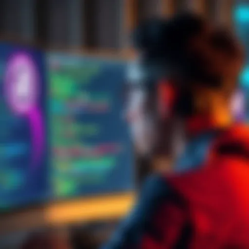 A person looking at a computer screen with code and BitTorrent symbols, pondering design choices in Blossom's software.