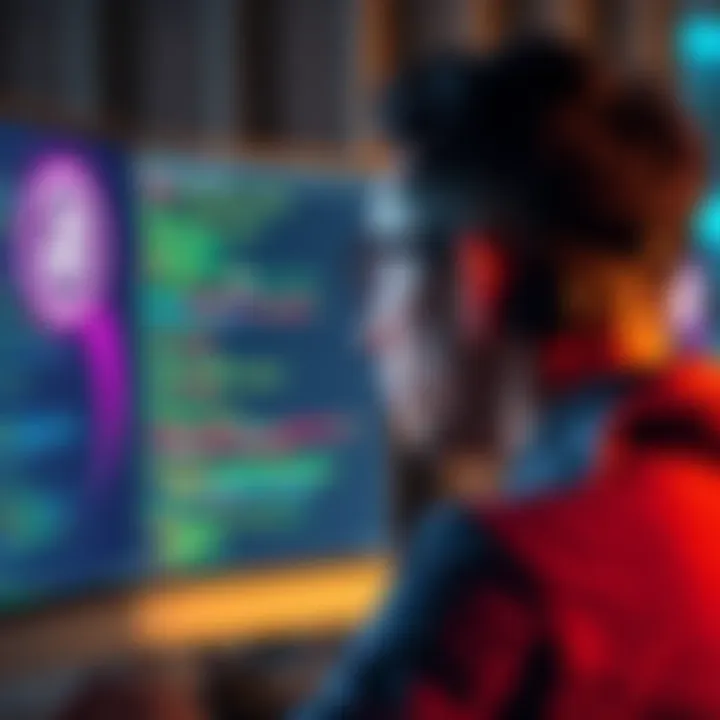 A person looking at a computer screen with code and BitTorrent symbols, pondering design choices in Blossom's software.