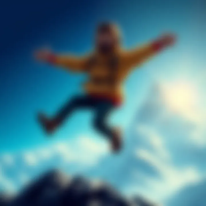 Bob jumping down a mountain A person named Bob happily jumping down a mountain with a playful expression, showing a fun approach to tier jumping.