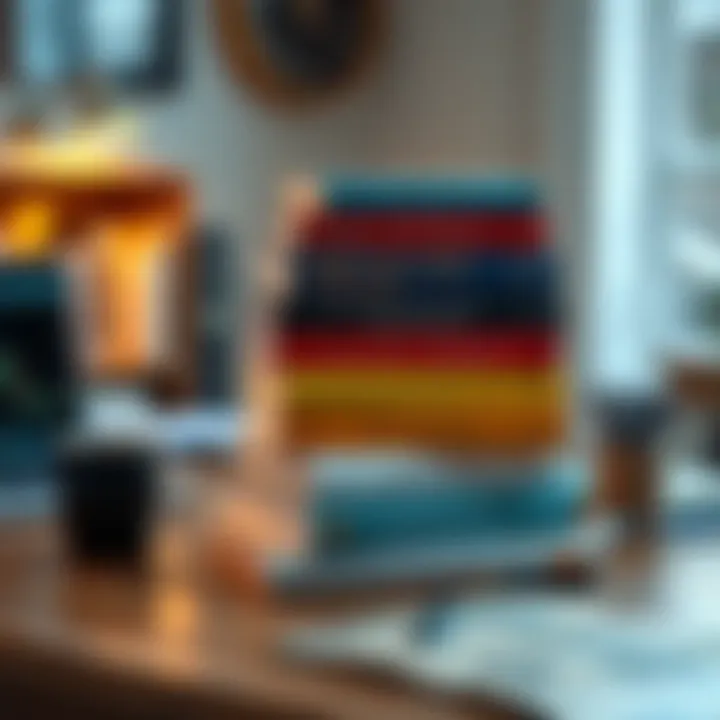 A stack of beginner-friendly books about decentralized finance on a desk with a laptop and coffee cup