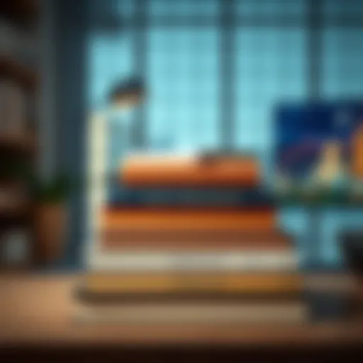 A stack of books about financial strategies and wealth management with a modern background