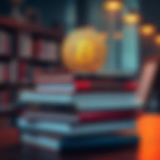 Four books stacked with a Bitcoin symbol on top, representing the future of finance.