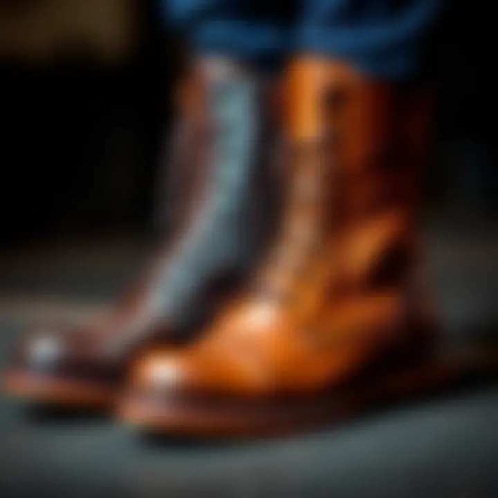 A pair of boots showing different leather options on the lower and upper parts