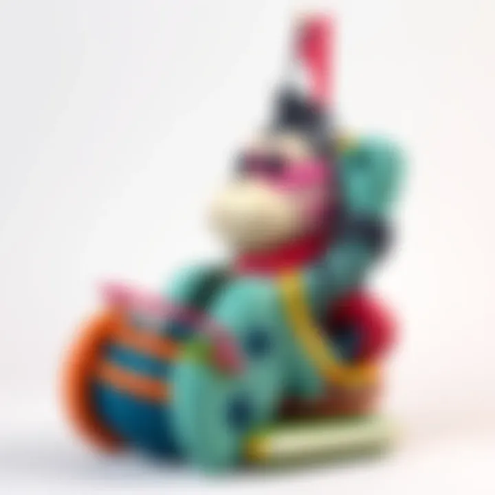 A colorful art toy sculpted by Jearbear, featuring a playful ape design with vibrant colors and intricate details, set against a simple background.