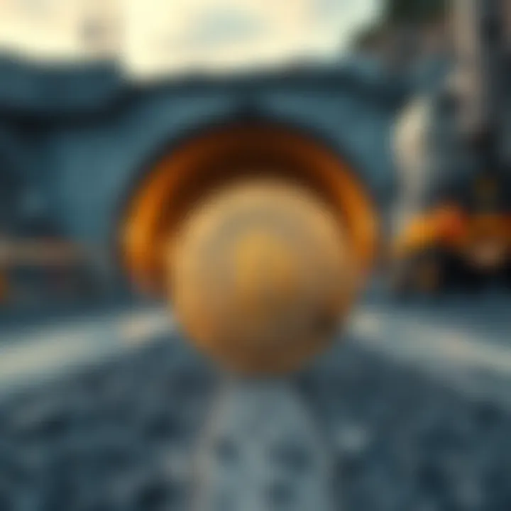 A Dogecoin coin displayed in front of a tunnel construction site operated by The Boring Company.