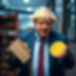 Former Prime Minister Boris Johnson holding cardboard collectibles and comparing them to Bitcoin