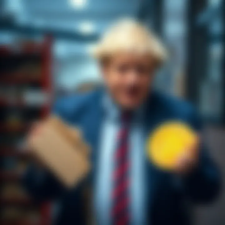 Boris Johnson holding cardboard collectibles Former Prime Minister Boris Johnson holding cardboard collectibles and comparing them to Bitcoin