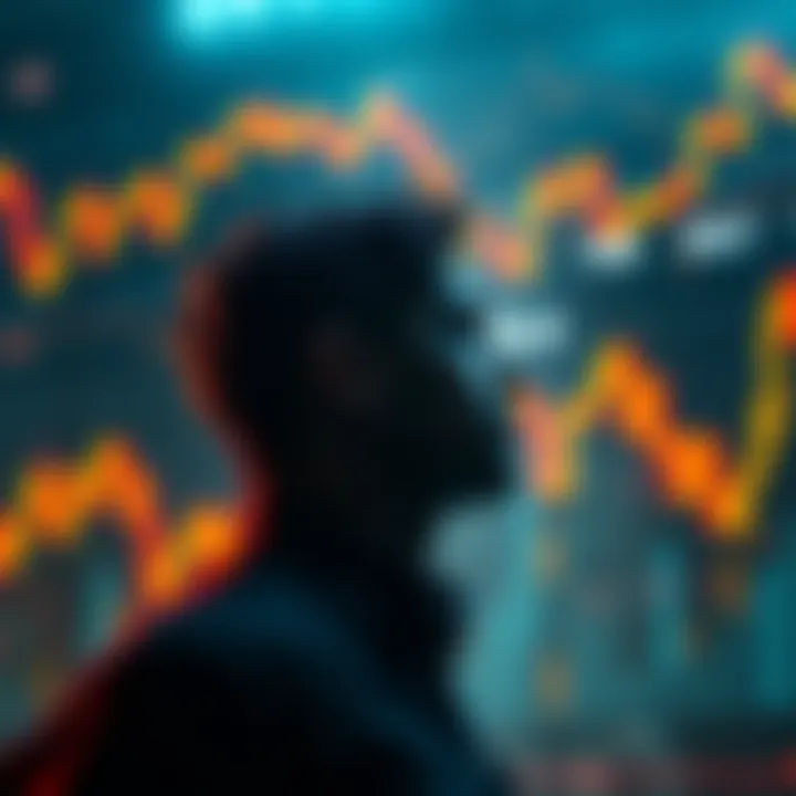 A graphic showing a person considering borrowing Bitcoin during a market downturn, with charts reflecting market trends in the background.