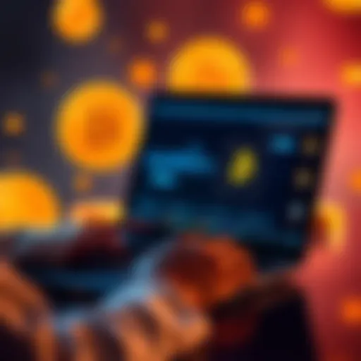 A person using a laptop to access Liquidium.fi, with Bitcoin symbols in the background