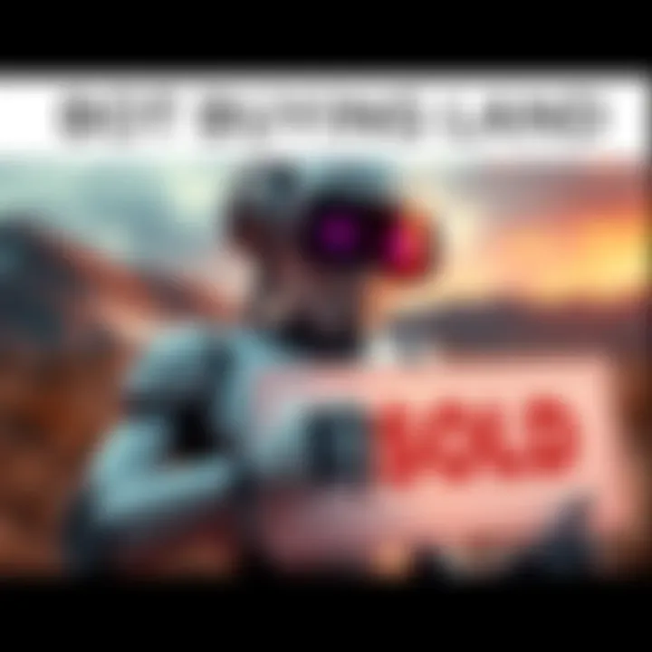 Bot Buying Land A robot holding a sold sign in front of a piece of land, highlighting the concept of automation in real estate transactions.