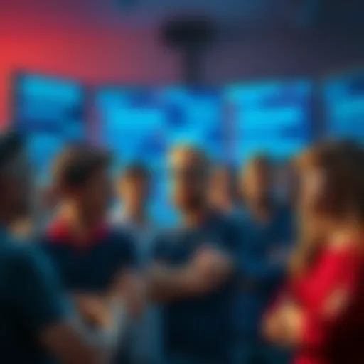 A group of people engaging in a heated discussion about bots in an online community, some looking frustrated and others animated, with digital screens showing chat messages in the background.