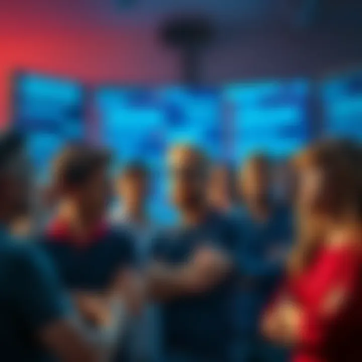 A group of people engaging in a heated discussion about bots in an online community, some looking frustrated and others animated, with digital screens showing chat messages in the background.