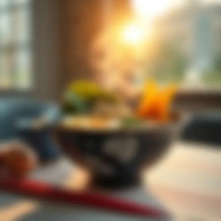 A steaming bowl of ramen with eggs and vegetables, placed on a breakfast table with a sunny morning backdrop.