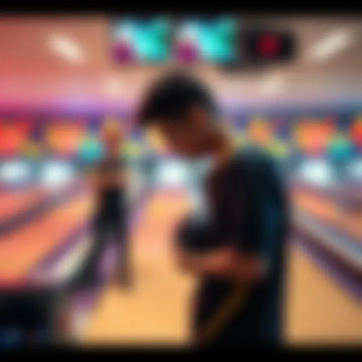 Bowler looking disappointed after a match A bowler stands near the lane, looking frustrated after losing a match by tie breaker, with a bowling ball in hand and team members in the background, reflecting on the game.