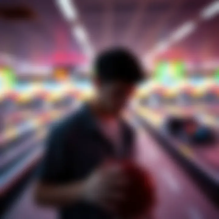 A frustrated bowler searching for an opponent at a bowling alley during a competitive event