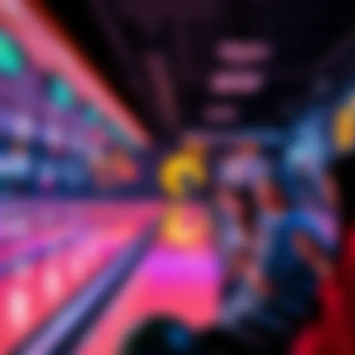 A bustling bowling alley with an indoor hotspot setup visible; people enjoying bowling while checking their phones in the foreground.