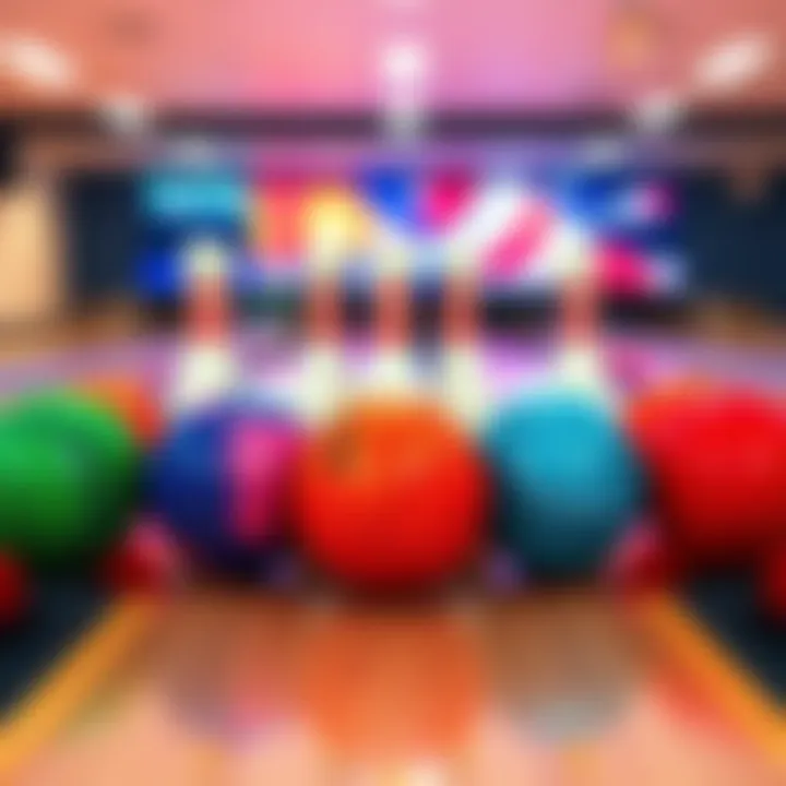 A close-up view of bowling balls lined up beside colorful pins on a bowling lane, representing a tie situation in a game.