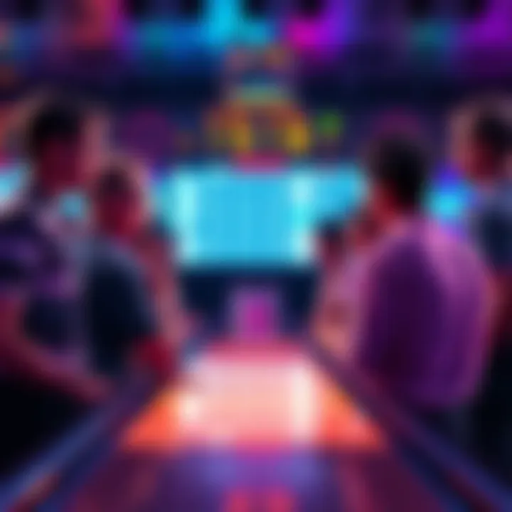 A group of bowling players engaged in a discussion about scoring ties and rankings, looking frustrated with their scores on a scoreboard in the background.