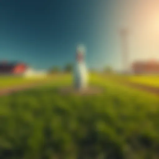 A colorful bowling statue stands alone in a grassy field between four neighboring plots, with no visible tags or markings indicating ownership.