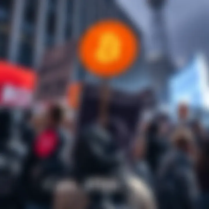 People holding signs supporting a boycott of JPMorgan with Bitcoin symbols nearby