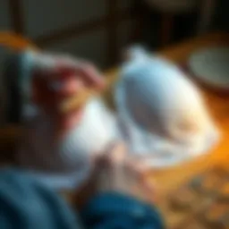 A person fixing the underwire of a bra with needle and thread on a table